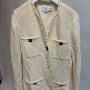 St. John Cream Blazer with Textured Knit and Braided Trim